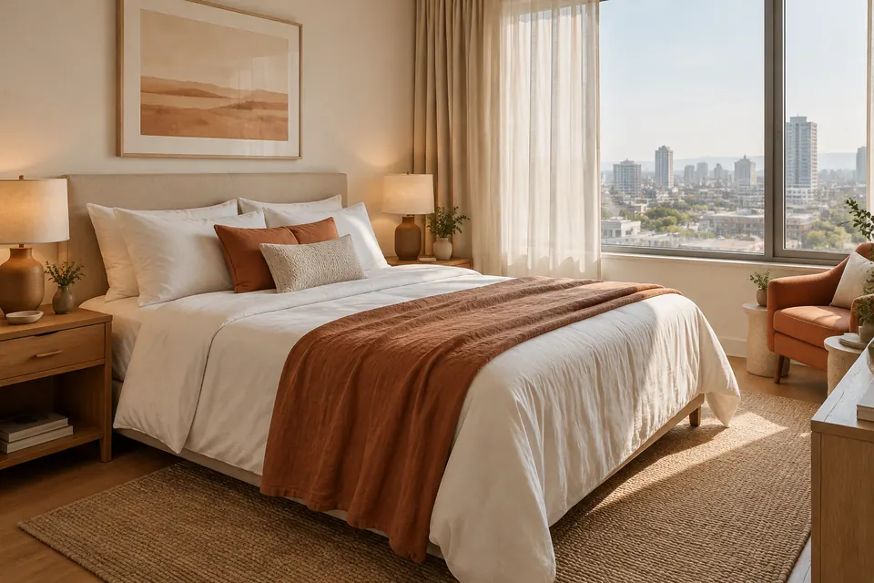 A bright hotel room with a bed, a chair and a window