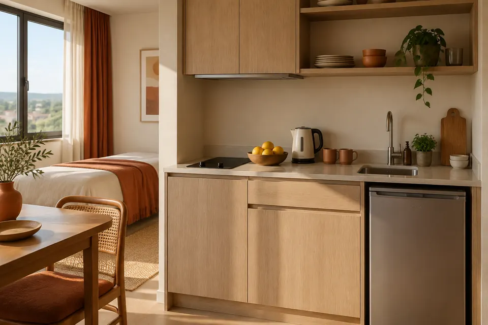 A hotel kitchenette with a sink, a hob and a small table