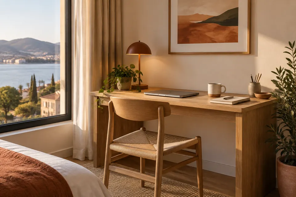 A desk by a window in a hotel room