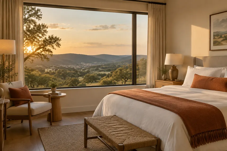 A bright hotel room with a bed, a chair and a view from the window